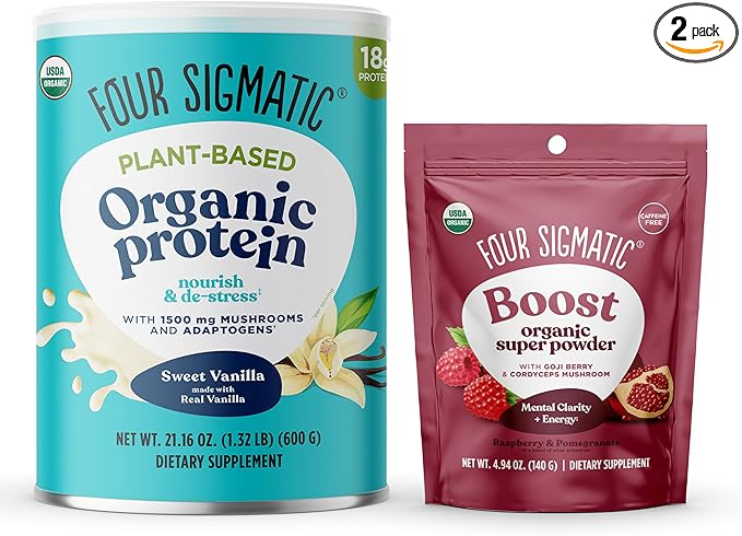 Four Sigmatic Plant Based Vanilla Protein + Perform Super Powder Workout Bundle Clean Vegan Protein for Brain Function and Immune Support | Superfood Powder with Adaptogens &amp Antioxidants