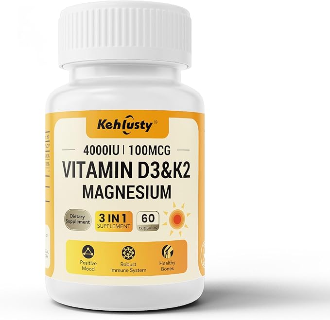 Vitamin D3 4000 iu and K2 Mk7 with Magnesium Glycinate Supplements for Women &amp Men Vegan 60 Capsules