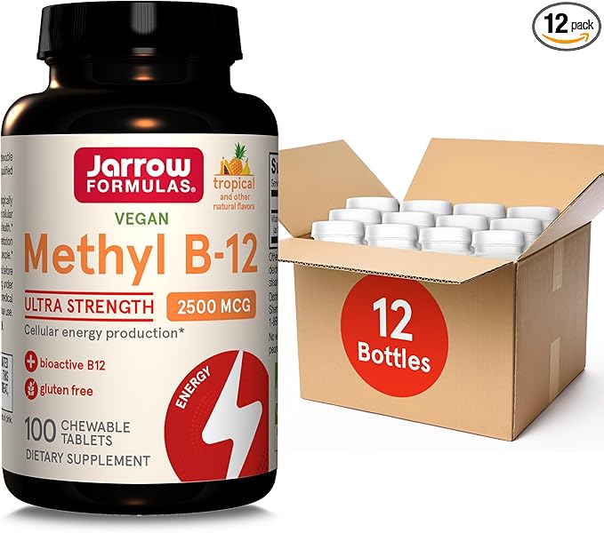 Jarrow Formulas Ultra Strength Methyl B-12 Dietary Supplement for Cellular Energy Production 100 Tropical-Flavored Chewable Tablets Up to a 100 Day Supply Pack of 12