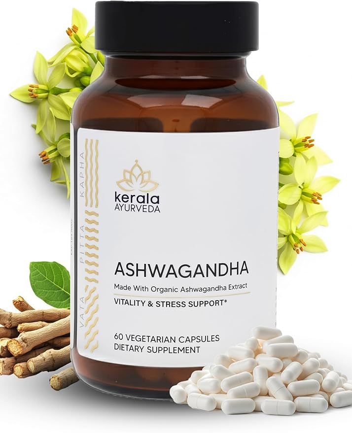 Kerala Ayurveda Ashwagandha Capsules – 60 Vegan Capsules | Organic Adaptogen for Stress Support Mood Balance &amp Daily Vitality | Supports Healthy Stress Response &amp Immune Support | Prop 65 Com