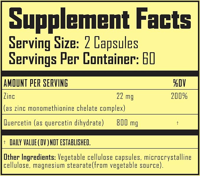 Zinc with Quercetin 800 mg - Supports Mineral Absorption &amp Retention - Chelated Zinc Monomethionine - Non GMO Gluten Free - 120 Capsules