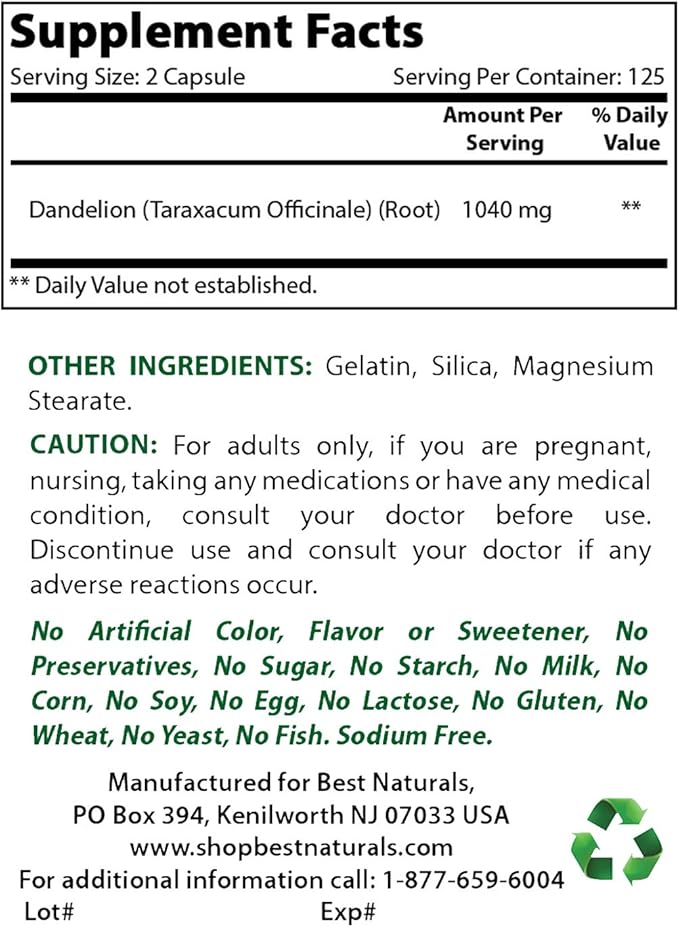 Best Naturals Dandelion Root 520 mg &amp Magnesium Glycinate 425 mg