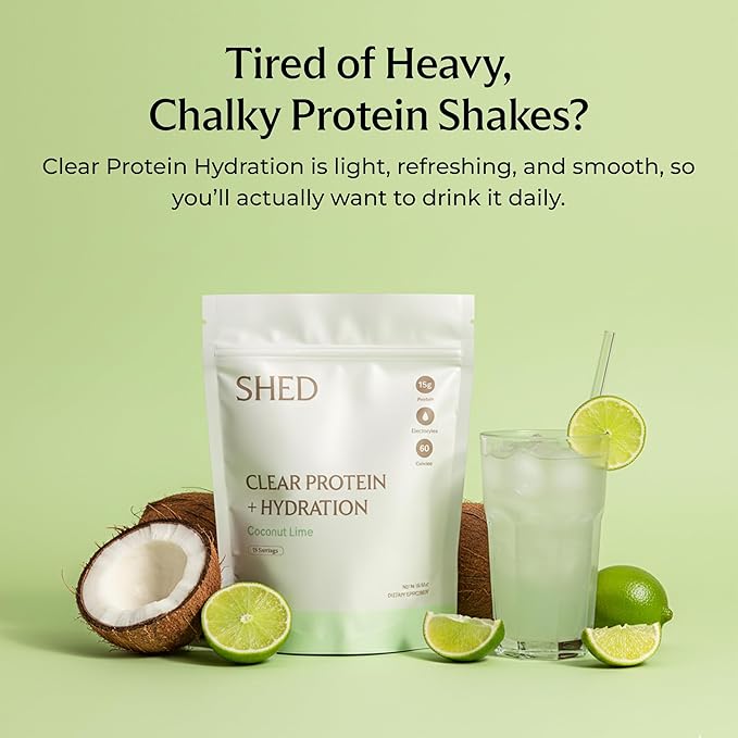 Clear Protein Powder with Electrolytes by Shed 15g Whey Protein Isolate Low Calorie and Lactose Free Light and Clean Hydration Drink Bloat-Free Post Workout Supplement Coconut Lime (15 Servings)
