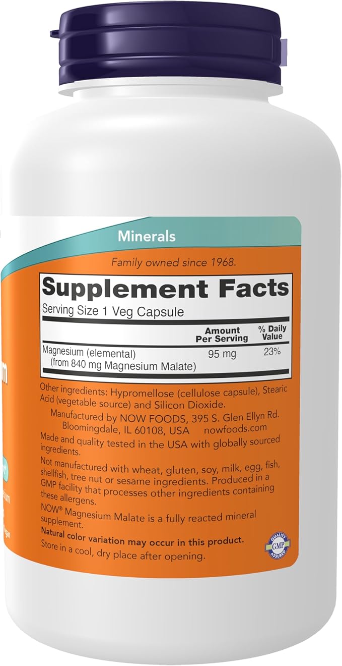 NOW Foods Supplements Magnesium Malate Caps with 95 mg of Elemental Magnesium Nervous System Support* 180 Veg Capsules