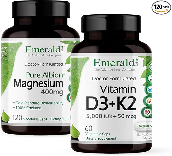 EMERALD LABS Vitamin D3+K2 (60 Caps) &amp Magnesium (120 Caps) - Bone Health Heart Support &amp Sleep Support with Vitamin D VitalDelta MK-7 &amp Pure Albion Magnesium - Gluten-Free