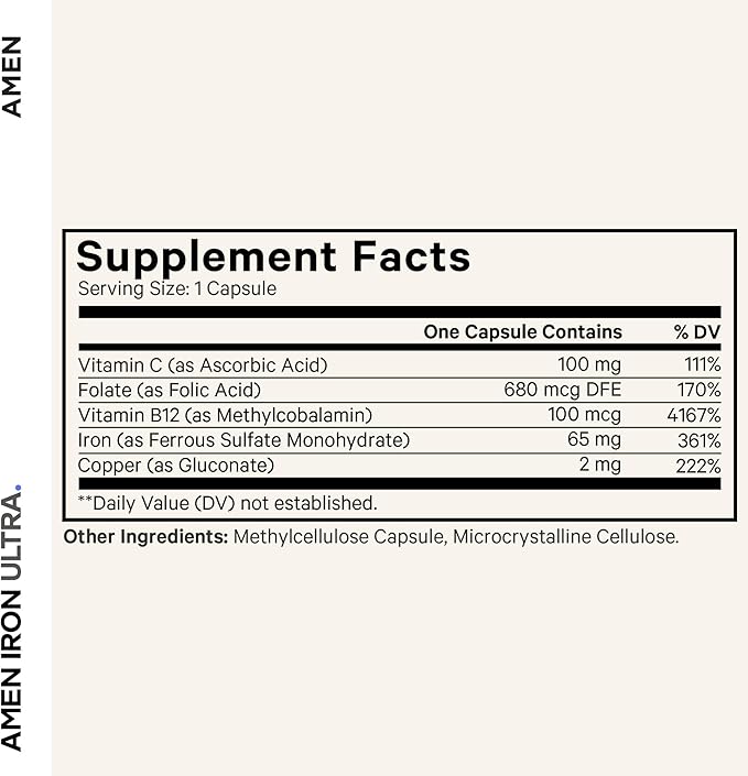 Amen Iron Ultra Supplement + Copper Folate Vitamin C and B12-2-Month Supply - Ferrous Sulfate Iron Vitamin - 65mg Per Serving - Folic Acid - Non-GMO Pills - 60 Capsules
