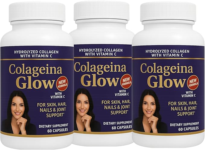 Hydrolyzed Collagen with Vitamin C – Colageina Glow Pack of 3 | 180 Capsules Total | 1000 mg Each | Beauty Routine Supplement for Hair Nails Skin &amp Joint Care – Dietary Formula
