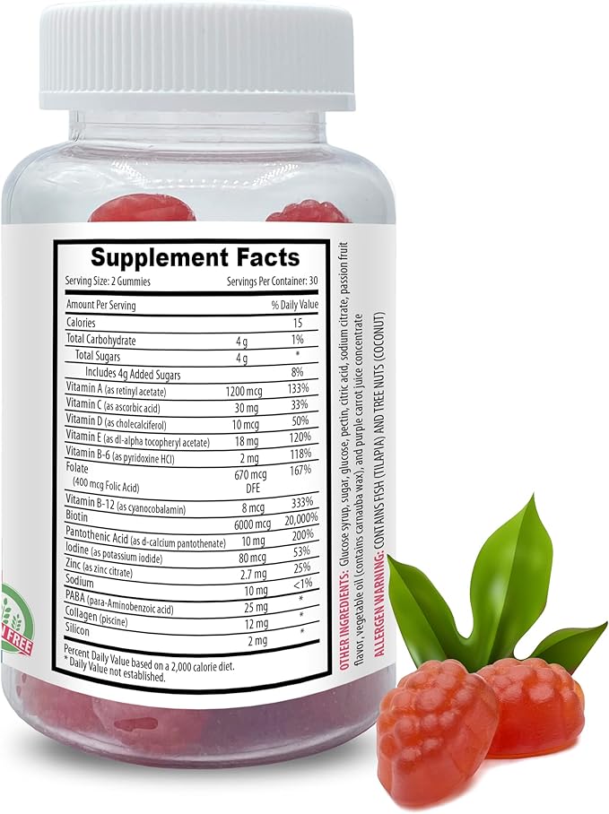 Delicious Daily Beauty Boost - HAIR SKIN &amp NAILS GUMMIES - Vitamins A B C D E B-6 B-12 PABA Collagen biotin vitamins for hair skin and nails women Antioxidant 2 Bottles 120 Gummies