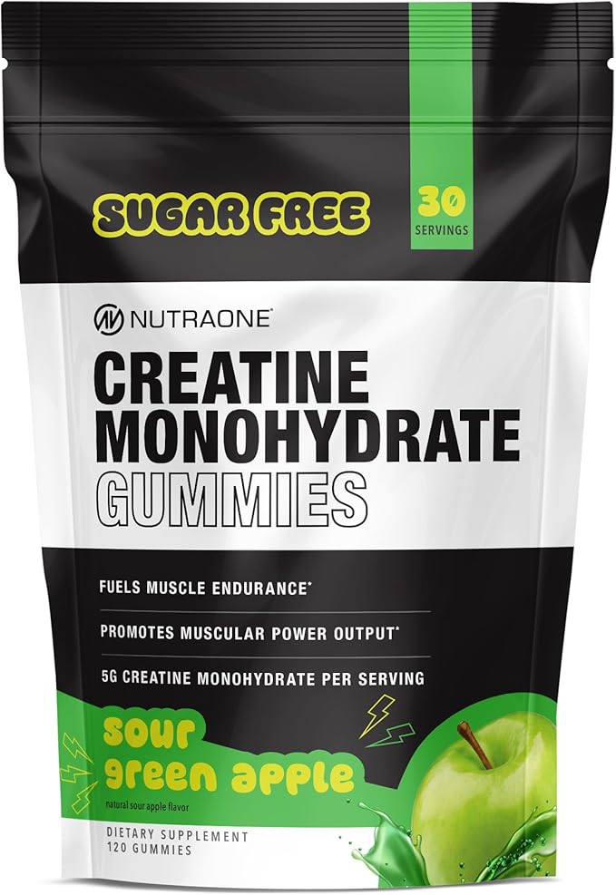 NutraOne Sugar Free Creatine Monohydrate Gummies Pre- and Post Workout Recovery Fuel Muscular Performance Increase Endurance Support Muscle Recovery (Green Apple - 30 Servings)