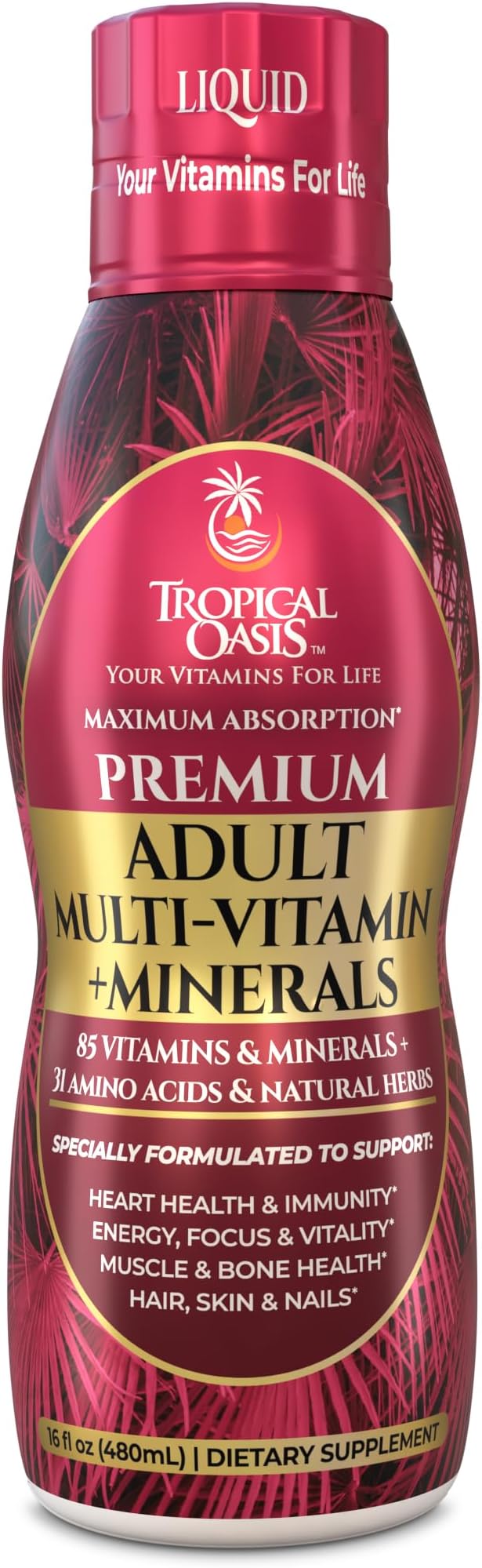 Tropical Oasis Adult Liquid Multivitamin -Liquid Multi-Vitamin and Mineral Supplement with 125 Total Nutrients Including 85 Vitamins &amp Minerals 23 Amino Acids and 18 Herbs - 16 fl oz 32 serv