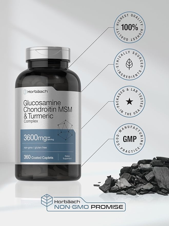 Horbäach Glucosamine Chondroitin MSM | 360 Caplets | Advanced Formula with Turmeric | Non-GMO Gluten Free