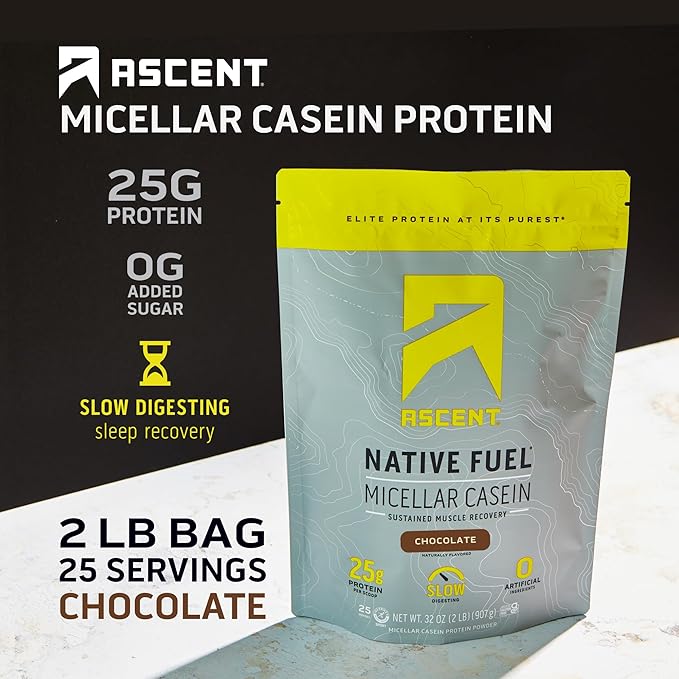 Ascent Casein Protein Powder - 25g Micellar Casein Powder with Zero Artificial Flavors &amp Sweeteners Gluten-Free No Added Sugar 4.9g BCAA 2.2g Leucine - Chocolate 2 Pounds
