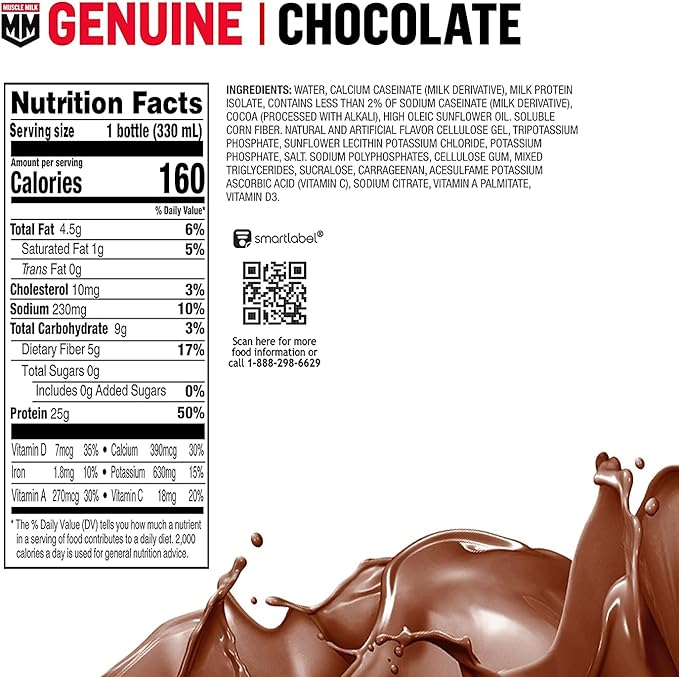 Muscle Milk Genuine Protein Shake Chocolate 25g Protein 11.16 Fl Oz (Pack of 12) &amp Zero Protein Shake Chocolate20g Protein Zero Sugar 100 Calories Calcium Vitamins A C &amp D