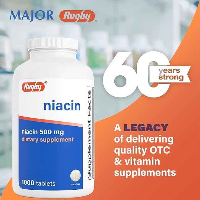 Rugby Niacin 500mg - Vitamin B3 Supplement for Men and Women - 1000 Tablets (2-Pack)