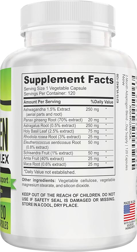 2-Month Adaptogen Supplement (9-in-1) Adaptogenic Complex with Ashwagandha Panax Ginseng Rhodiola + More | Herbal Extract Blend | Adaptogen Supplements | 60-Day Bulk Supply | 120 Capsules