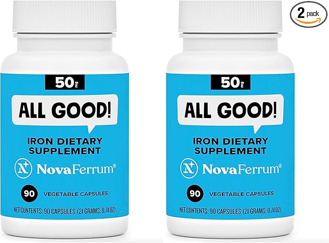 NovaFerrum All Good | Iron Capsule Supplements for Adults | Anemia | 50mg of Iron | 90 Servings | Sugar Free | Vegan | Gluten Free (Pack of 2)
