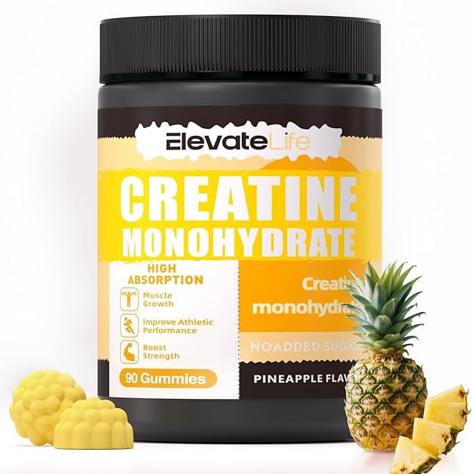 ElevateLife NSF Certified Creatine Monohydrate Gummies 5000mg for Men &amp Women Chewables Creatine Monohydrate for Muscle Strength Muscle Builder Energy Boost Pre-Workout Supplement-90 Pineapple