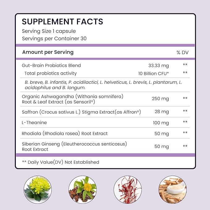 UpNourish Organic Ashwagandha Saffron Supplements with Probiotics - Stress Relief Mood Enhancer Calm Happy Pills Support Fatigue Focus Clarity with L-Theanine Rhodiola 30 Vegan Capsules