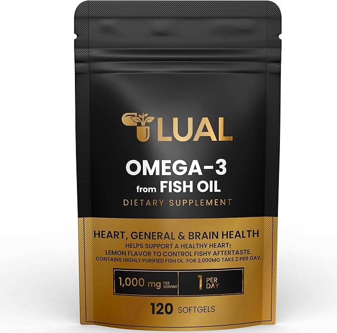 LUAL Omega-3 Fish Oil Softgels – 1000mg with EPA and DHA Lemon Flavor Burpless Non-GMO Formula for Heart Brain and Overall Wellness – 120 Count