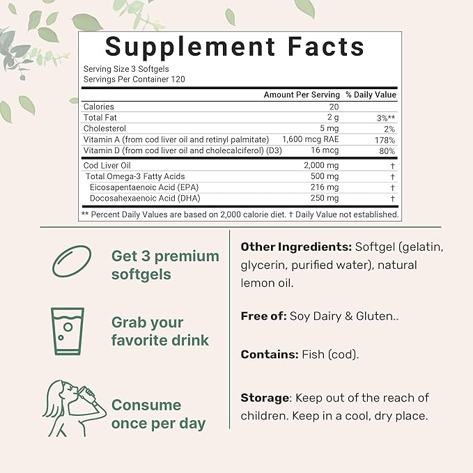 Cod Liver Oil 2000mg Per Serving 360 Softgels | Burpless Lemon Flavored – Rich in Omega 3 Vitamins A &amp D3 EPA DHA | Wild Caught Arctic Deep Sea Fish | Heart Brain &amp Immune Supplement