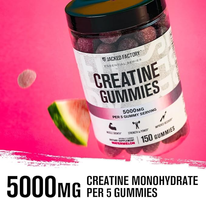 Jacked Factory Creatine Monohydrate Gummies 5g Daily Dose (1g per Gummy) - Creatine Gummy for Men and Women Vegan-Friendly Travel-Friendly Third-Party Tested - 150 Gummies Watermelon &amp Lemon