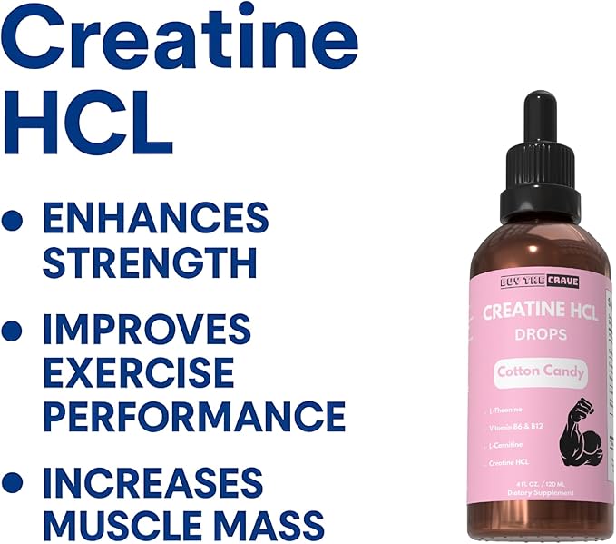 Creatine HCL Liquid Drops for Men &amp Women - 2ml Per Serving L-Theanine Vitamin B12 &amp B6 L-Carnitine - High Absorption 4 Fl Oz (120ml) (4 FL OZ Cotton Candy)