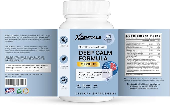 Deep Calm Formula Stress &amp Relaxation Support B‑Complex + Magnesium Zinc &amp Botanical Blend 982 mg per Serving Vegan Gluten Free 60 Capsules (30 Servings