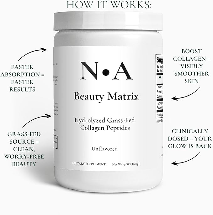 N•A Beauty Matrix Grass-Fed Hydrolyzed Collagen Peptides Powder - 20g Collagen Per Serving Type 1 &amp 3 for Skin Elasticity Hair Nails &amp Joint Support - Unflavored Gluten Free (9.88 oz / 280