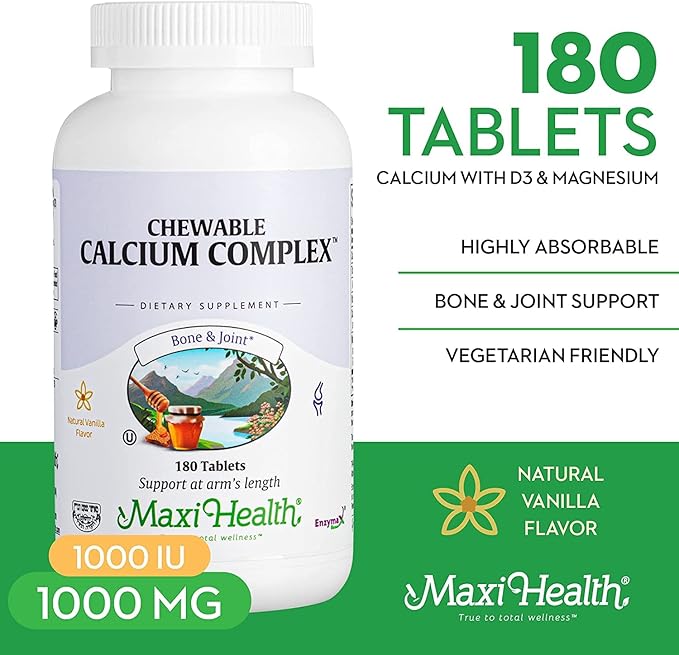 Maxi Health Chewable Calcium Complex – Vanilla Flavor Vitamin D3 and Magnesium Chewables to Help Support Bones – Kosher Magnesium and Calcium Supplement for Women and Men (180 Count Pack of 2)