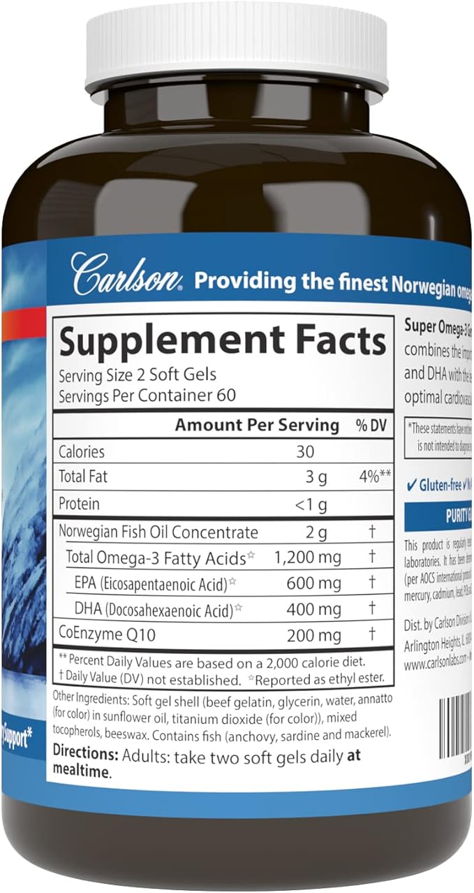 Carlson - Super Omega-3 Gems + CoQ10 1200 mg Omega-3s 200 mg CoQ10 Circulation Function Energy Production &amp Circulatory Support 120 Softgels
