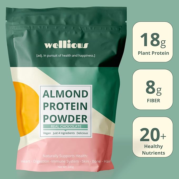 wellious Almond Protein Powder Bundle (1 Chocolate &amp 1 Unflavored) - 18 Grams of Pure Healthiest Vegan Protein - Gluten-Free Soy-Free Gut Friendly Protein Powder for Sports Nutrition