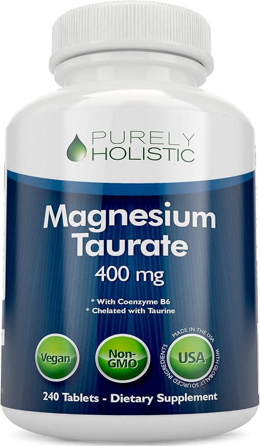 Magnesium Taurate 400mg Tablets - Chelated Magnesium with Taurine and Coenzyme B6 - High Absorption Complex for Cardiovascular Health Muscle and Nerve Function - 240 Vegan Tablets