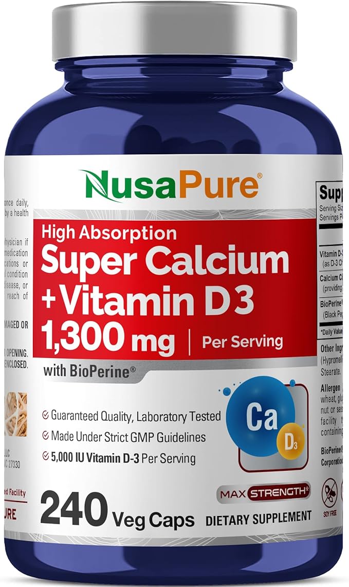 NusaPure Super Calcium with Vitamin D 3 &amp Calcium Citrate - Suitable for Vegetarian/Vegan Non - GMO - 1300mg - 240 Capsules