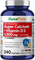 NusaPure Super Calcium with Vitamin D 3 &amp Calcium Citrate - Suitable for Vegetarian/Vegan Non - GMO - 1300mg - 240 Capsules