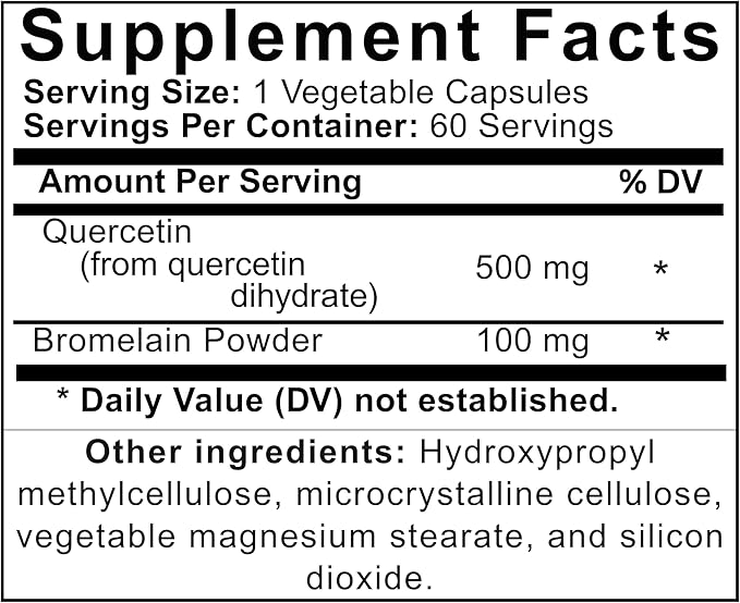 Quercetin with Bromelain - 500 mg Quercetin (from Quercetin Dihydrate) + 100 mg Bromelain per Capsule - 60 Vegetable Capsules - Vegan Non-GMO