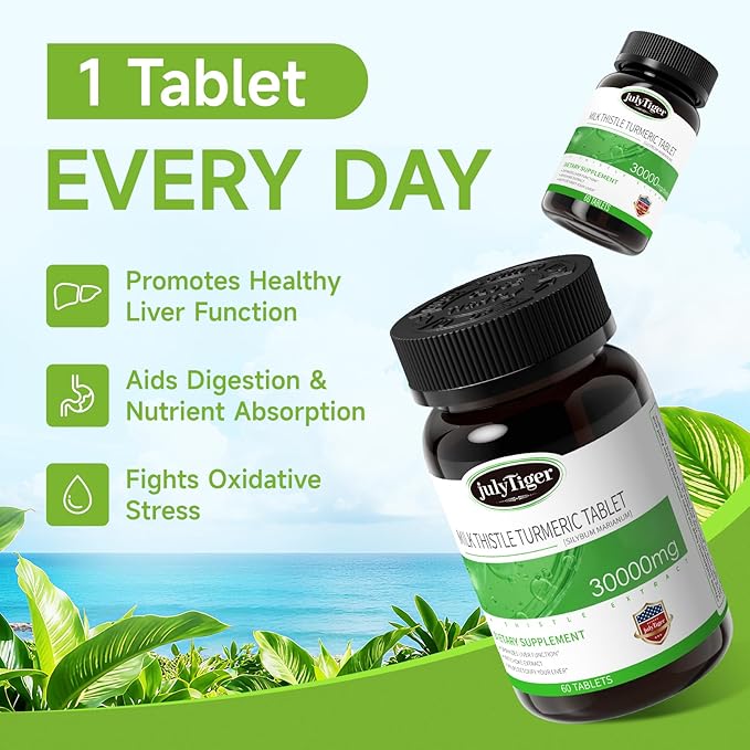 Julytiger Milk Thistle Liver Detox 500mg Extract with Rhizoma Curcumae Longae Artichoke Extract and InositolLiver Cleanse Detox &amp Repair – 60 Tablets