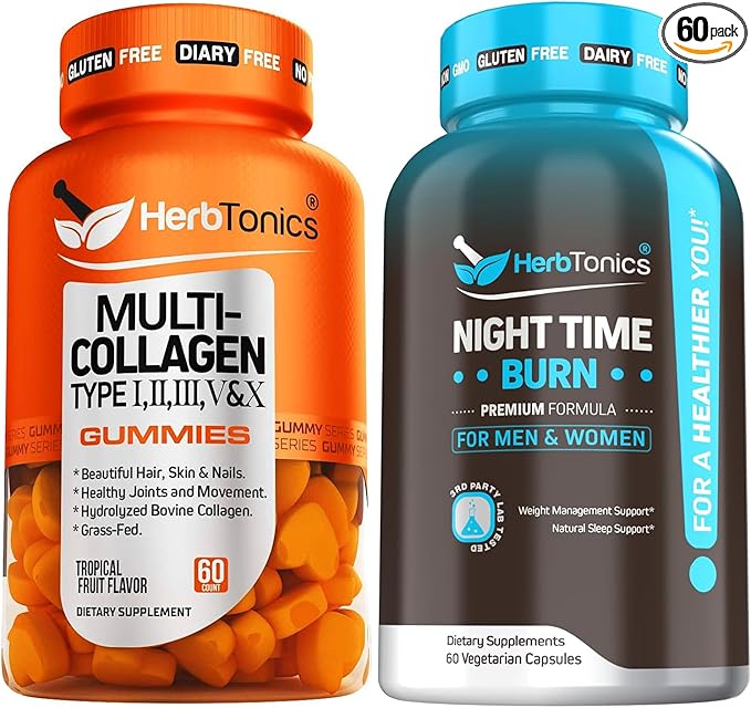 Herbtonics Multi Collagen Gummies Type 1235 &amp 10 with Biotin for Hair Growth Skin Nails - Night Time Weight Supplement with Melatonin to Support Sleep &amp Metabolism | Melatonin for Women a