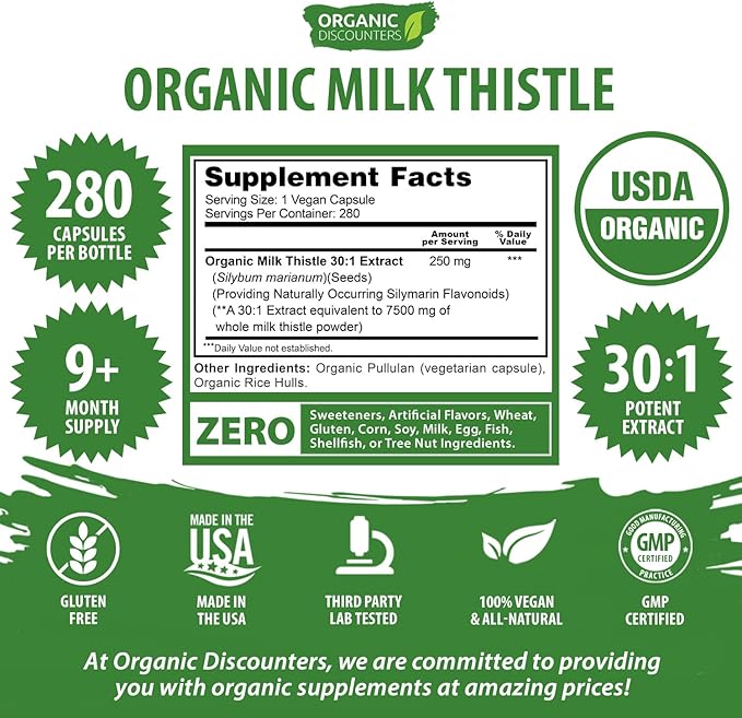 USDA Organic Milk Thistle 30:1 Extract Capsules 280 Vegan Capsules Rich in Silymarin Flavonoids Liver Cleanse and Liver Detox Support Standardized 30X Extract Made in the USA