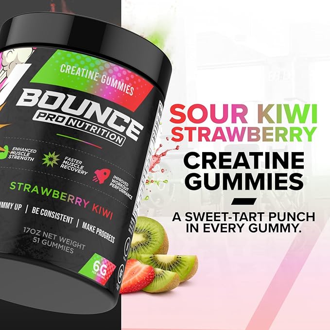 Bounce Pro Creatine Monohydrate Gummies for Men &amp Women Low Calorie 6G of Creatine per Serving Vegan Anti-Melting Gluten-Free Non-GMO (51 Count (Pack of 1) Strawberry Kiwi)