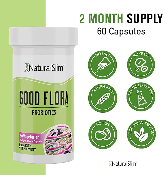 NaturalSlim Good Flora Probiotics for Women &amp Men - Gut Health Supplements with 7 Powerful Strains for De-Bloating &amp Vitality - Probiotics for Digestive Health 60 Vegetarian Capsules Solo