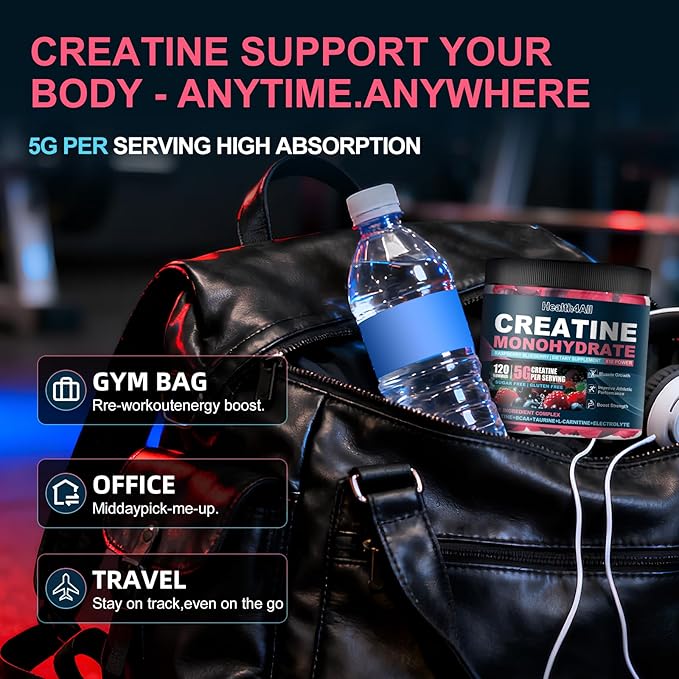 Health4All Creatine Monohydrate Gummies 5g for Men &amp Women Creatine Gummy for Strength Energy &amp Muscle Growth Support Pre-Workout Supplement - Raspberry &amp Blueberry 120 Gummy