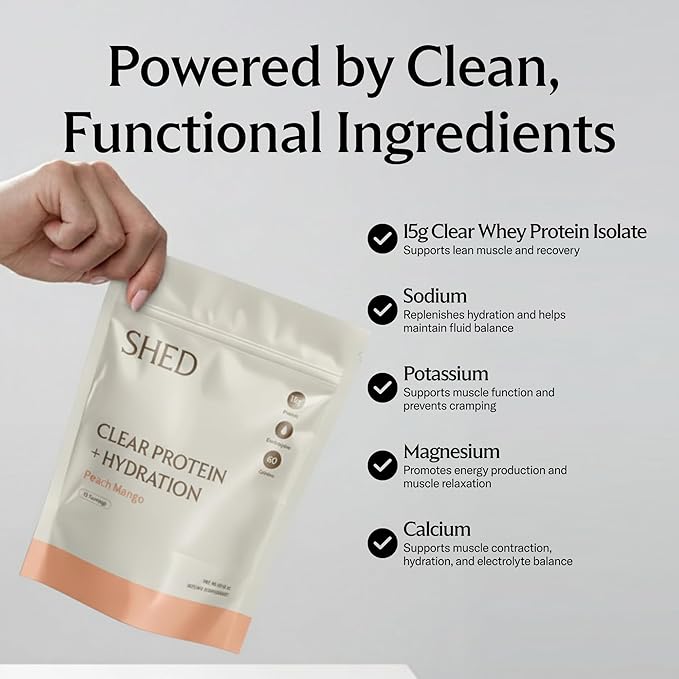 Clear Protein Powder with Electrolytes by Shed 15g Whey Protein Isolate Low Calorie and Lactose Free Light and Clean Hydration Drink Bloat-Free Post Workout Supplement Peach Mango (15 Servings)