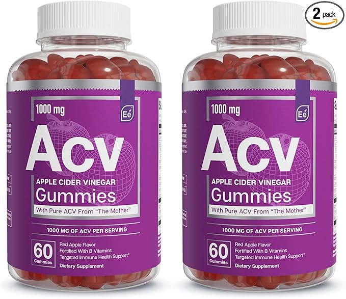 Essential Elements Apple Cider Vinegar Gummies from The Mother - Naturally-Sourced Vegan ACV with Folic Acid and Vitamin B6 &amp B12 (2 Pack)