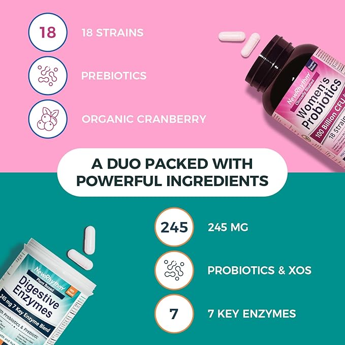 NewRhythm Digestion &amp Feminine Health Bundle Probiotics Prebiotics Digestive Enzymes Cranberry Vitamin C &amp B6 Bundle &amp Save 60 Capsules Each