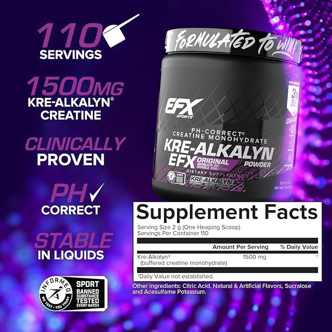 EFX Sports Kre-Alkalyn EFX Powder | pH Correct Creatine Monohydrate Powder Supplement | Strength Muscle Growth &amp Performance | 110 Servings (Mango)