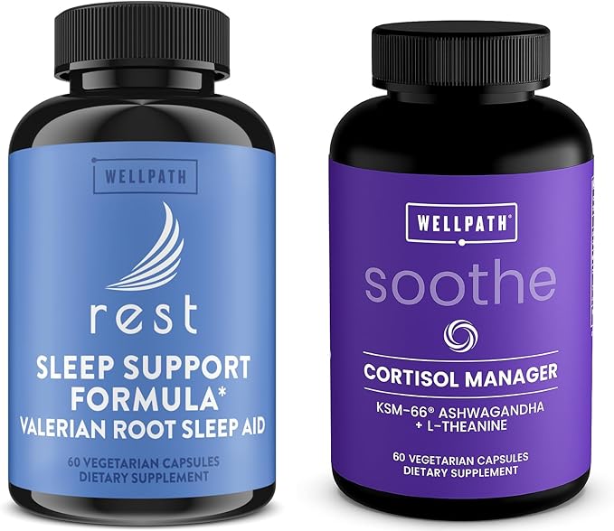 WellPath Rest Valerian Root Sleep Aid with Melatonin Natural &amp Herbal Sleeping Pills and Cortisol Supplements for Women with KSM-66® Ashwagandha &amp L-Theanine - Stress