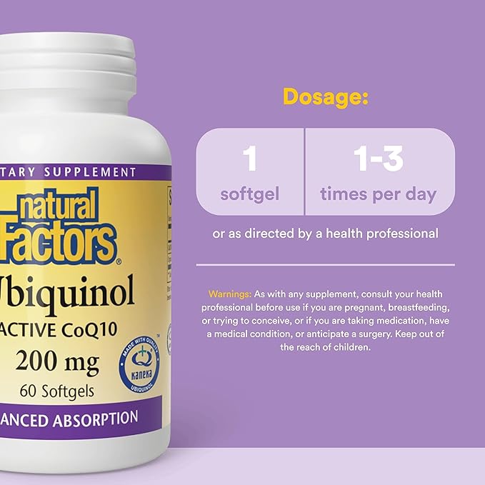 Natural Factors Ubiquinol 200 mg - Supports Heart Health &amp Natural Vitality - Antioxidant Support Supplement with Superior Absorption - Energy Support with Flaxseed Oil - 60 Softgels (60 Servings)