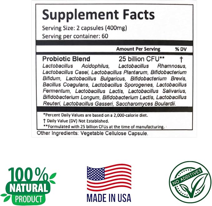 ProbioLac Probiotic Supplement with 25 Billion CFU Multi-Strain Probiotic Blend for Digestive &amp Immune Wellness 120 Vegetarian Capsules