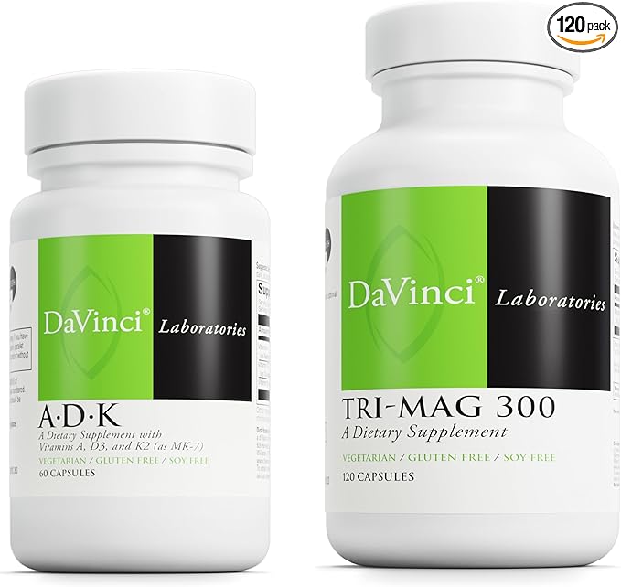DAVINCI Labs Daily Nutrients Bundle: ADK (60 Caps) &amp Tri-Mag 300 (120 Caps) - Helps Support Bone Health Adrenal Health Heart Health &amp More* - Vegetarian Gluten Free Soy Free