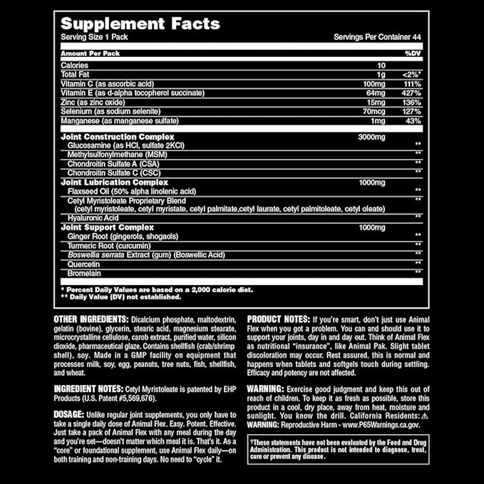 Animal Pak - Convenient All-in-One Vitamin &amp Supplement Pack &amp Flex –Complete Joint Support Supplement – Contains Turmeric Root Curcumin – Helps Repair &amp Restore Joints – 44 Packs
